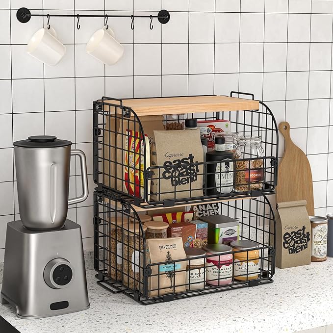 2 Set Stackable Wire Basket with Openable Top, Kitchen Counter