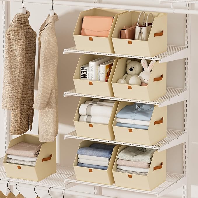 Homsorout Fabric Closet Storage Cubes - 8 Pack Square Storage Bins with Dual Handles for Clothes, Towels, Toys, Cube Storage Organizers for Bedroom, Nursery, Shelves, Closet, Small Spaces, Light Beige