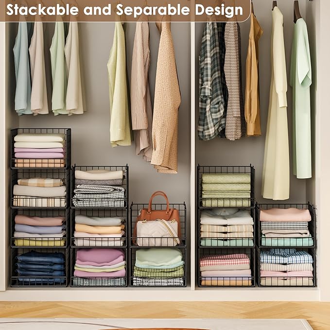 Stackable Closet Organizers and Storage Baskets, 4-Tier Closet Shelf Organizer , Space-Saving Clothes Storage Drawer, Foldable Clothes Storage Bins for Closet Organizer System, Black(Patent 30022416)