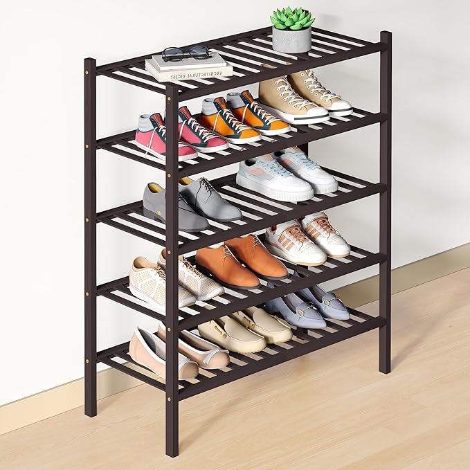 Smiry Bamboo Shoe Rack for Closet, 5 Tier Wooden Shoe Organizer, Stackable Wood Shoe Storage Shelf for Entryway, 14 Vertical Slats, 2+3 Stack Heavy-Duty Legs, 26.77"x11.02"x31.3", Brown