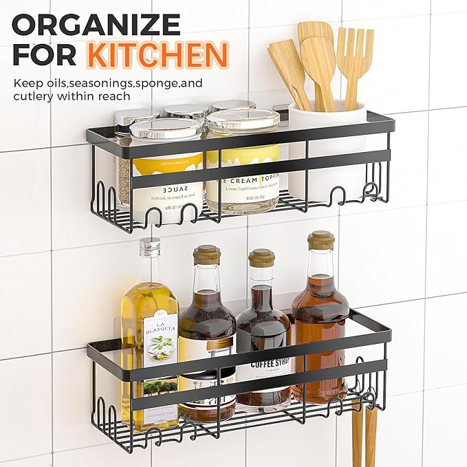 Self Adhesive Shower Caddy, 2-Pack No Drilling Rustproof Bathroom Organizers and Storage with Save Space Hooks, Apartment Essentials for Bathroom, Kitchen & Living Room