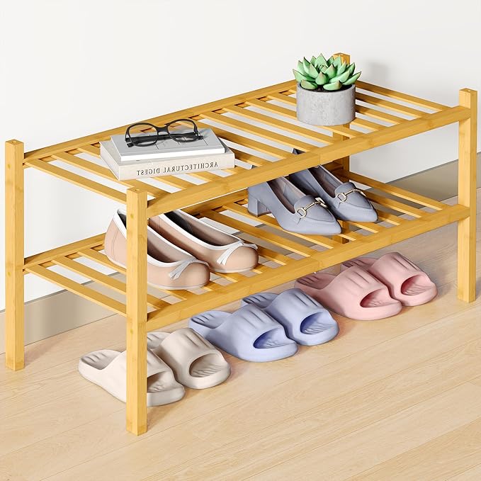 Bamboo Shoe Rack for Closet, 2 Tier Wooden Shoe Organizer, Natural