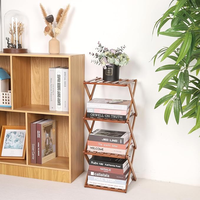 Bamboo Shoe Rack 4 Tier Foldable Shoe Rack Vertical Bamboo Shoe Organizer Free Standing Shelf for Entryway, Closet, Bedroom, Walnut Color