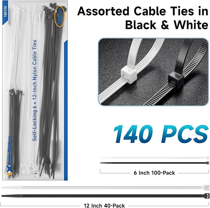 Cable Matters 140-Pack Cable Ties for Indoor and Outdoor, 6, 12-Inch Self-Locking Nylon Zip Ties Assorted Sizes, Tie Wraps for Multiple Use, Self Locking Zipties in Black and White