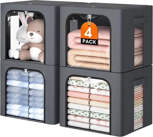 4 Pack Clothes Storage Bins with Metal Frame, Light Grey