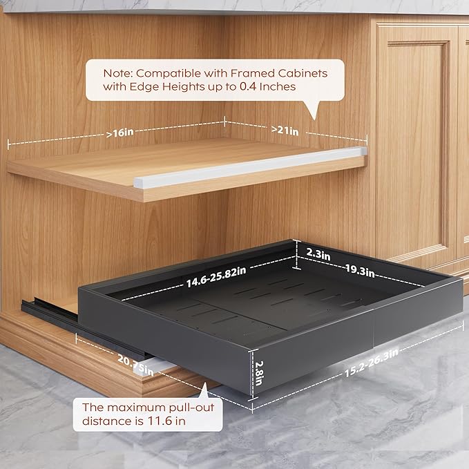 Seinloes 2 Pack Pull Out Cabinet Organizers 21" Deep With Raising Pad for Framed Cabinets, Expandable Width (15.2"-26.3") Slide Out Drawers Upgrade 3 Slide Rails, Roll Out Shelves Adhesive, Black