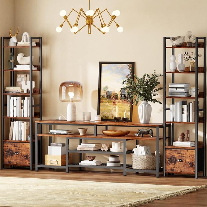 Furologee 6 Tier Bookshelf, Tall Shelf with Drawer, Wood and Metal Bookshelves Storage Organizer, Industrial Display Shelving Unit for Bedroom, Living Room, Home Office, Rustic Brown