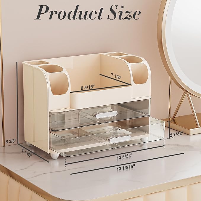 Large Makeup Organizer Countertop with 6 Brush Holders, Cream White