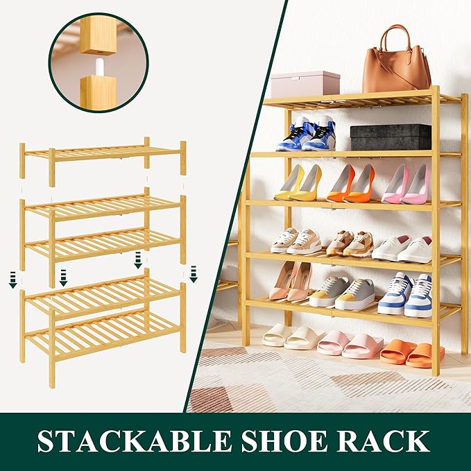 Smiry Bamboo Shoe Rack, 4 Tier Free Standing Wooden Shoe Organizer, Stackable Wood Shoe Storage Shelf for Closet, Entryway, 14 Vertical Slats, 2+2 Stack Heavy-Duty Legs, 26.8"x11"x26", Natural