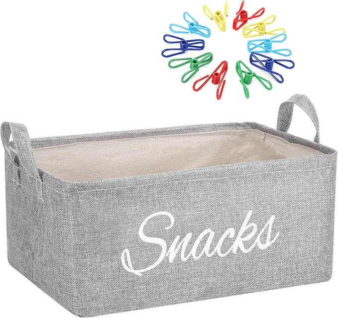 Newtay 17 Pcs Snack Basket Sets, Snack Storage Bin for Pantry Shelves with 16 Pcs 2 Inch Chip Clips, Basket Organizer for Kitchen Home, Chips, Popcorn, Candy, Pretzels(Burlap,Grey)
