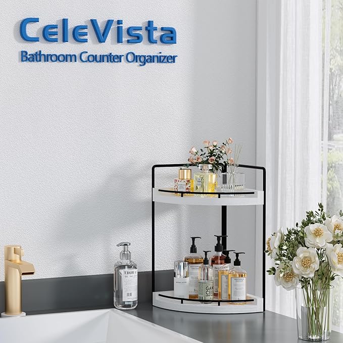 Corner Bathroom Counter Organizer, 2 Tier Wood Vanity Storage, White-2 Tier