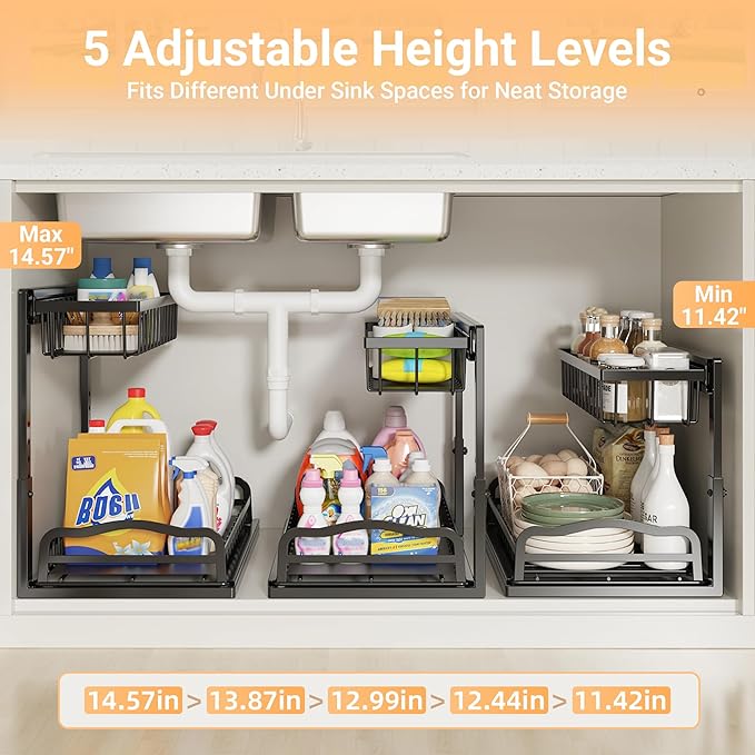 AceMining Under Sink Organizer 2 Pack, L-Shaped 2 Tier Pull Out Cabinet Organizer with Sliding Drawer, 5-Level Height Adjustable Metal Under Sink Storage for Kitchen, Bathroom Organization