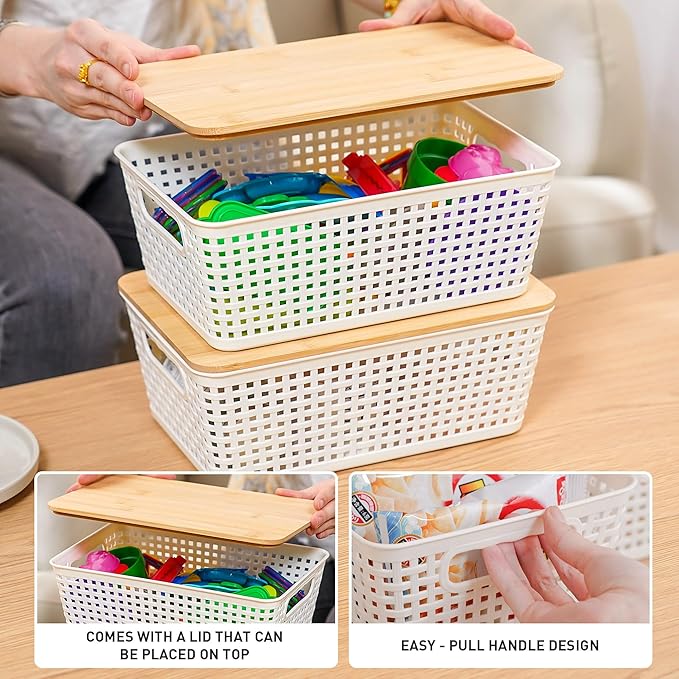 Storage Bins with Lids 8 Packs, Plastic Storage Bins with Bamboo Lids for Pantry Organization and Storage Containers for Shelves Drawers Desktop Closet Playroom Classroom Office Home, White