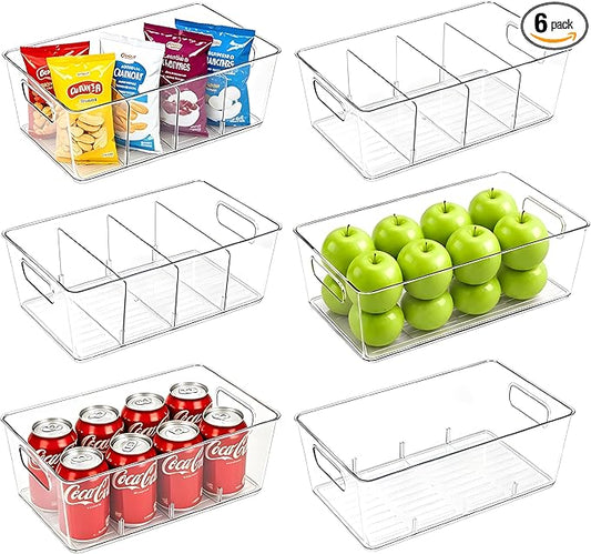 6 Pack Pantry Organizers and Storage, Food Storage Containers with 3 Removable Divider for Kitchen, Fridge, Cabinet Organization, Clear Plastic Storage Bins for Snacks, Spice Packets, Packets, Pouches