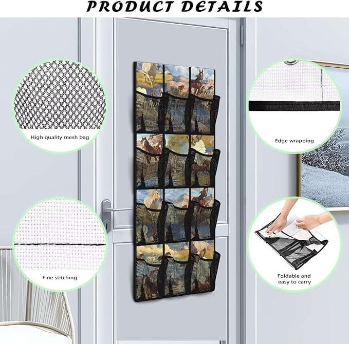 Western Horse Behind The Door Organizer, 12 Pockets Cowboy Theme Hanging Rack for Boots & Hats, Durable Oxford Fabric for Ranch & Cabin Storage