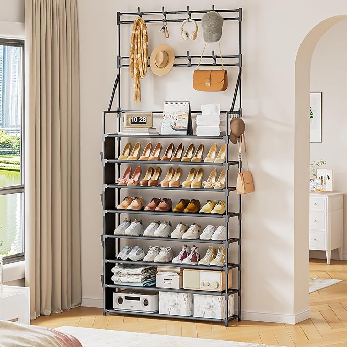 OYREL Shoe Rack 8 Tier Large Shoe Organizer Storage 32-40 Pairs Metal Shoe Storage Rack with Hooks and Side Pocket for Entrance Entryway Closet Shoe Shelf Holder