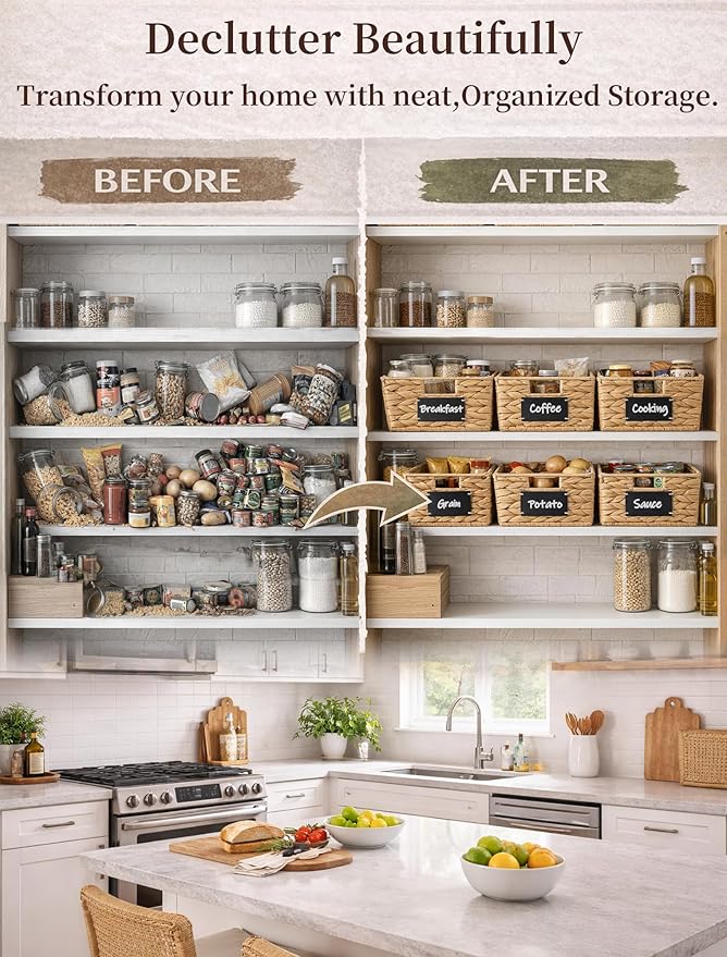 Pantry Organizers and Storage, Water Hyacinth Storage Baskets for Shelves, Natural Baskets for Organizing, Pantry Baskets with Chalkboard Labels and Marker