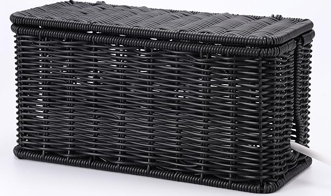 Large Cable Management Box, Handwoven Imitation Rattan Cord Organizer Cord Hider Box, Desk Cord Management Box to Hide Cords and Power Strips, 13.5" L x 6.2" W x 6" H, 1Pack Black