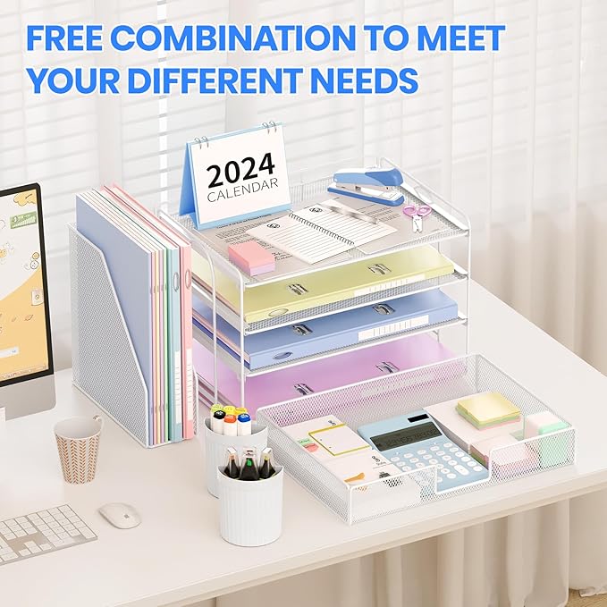 OPNICE Desk Organizer, 4-Tier Desktop File Organizer with Drawer and 2 Pen Holders, Office Desk Accessories, File Sorters, Workspace Organizers for Office Supplies(White)