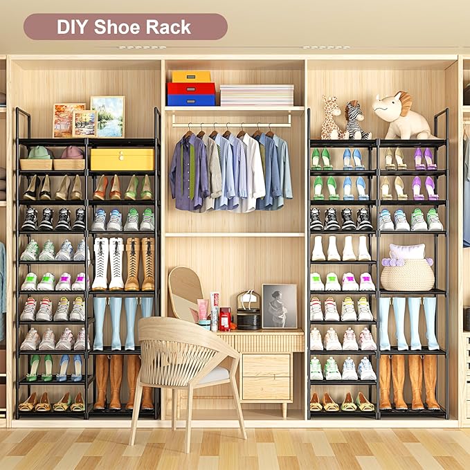 Kottwca 4 Row 10 Tier Large Shoe Rack Organizer for Closet Entryway, 72-80 Pair Shoe Boot Storage Rack, Metal Shoe Shelf Big Vertical Stackable Shoe Stand for Bedroom Corner