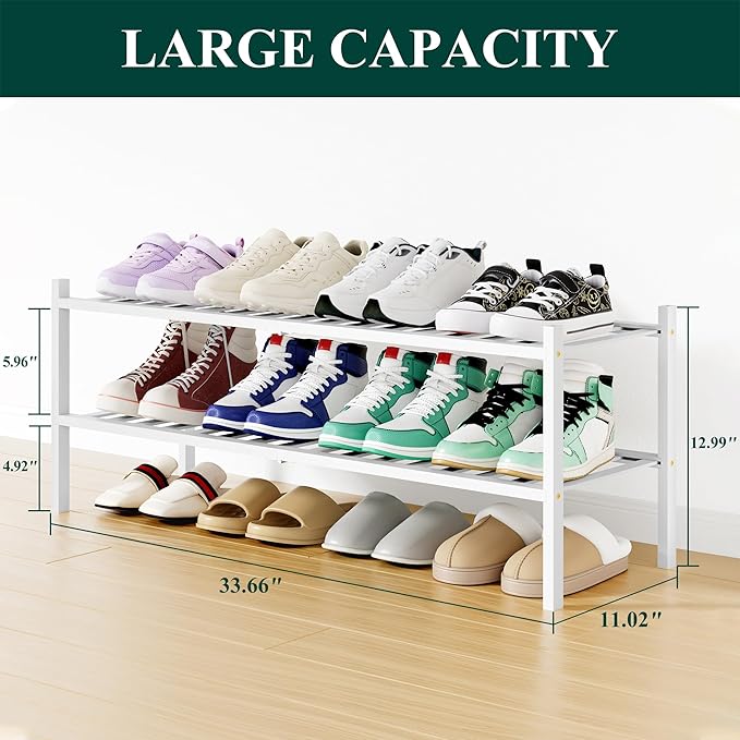 Smiry Long Bamboo Shoe Rack, 2 Tier Free Standing Wooden Shoe Organizer, Stackable Wood Shoe Storage Shelf for Closet, Entryway, 12 Vertical Slats, One-piece Standard Legs, 33.7"x11"x13", White
