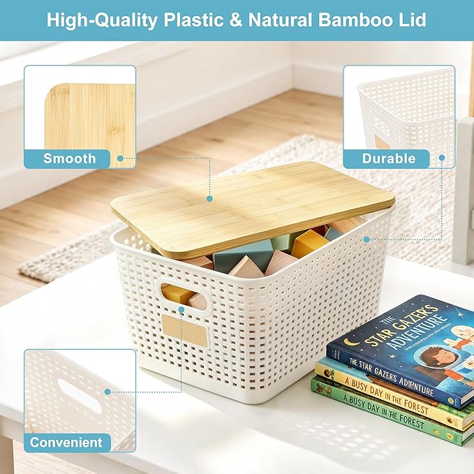 2 Pack Tall Plastic Storage Bins with Bamboo Lids, Cream White