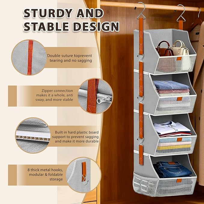 Fabric 4 Tier Hanging Closet Organizers Heavy Duty Shelf Hanging Storage Towel Clothes Sweater Jeans Bag Organizer For Closet For Bedroom,Dorm,RV,See Through Front Panel, Space-Saving (Grey-4Tier)