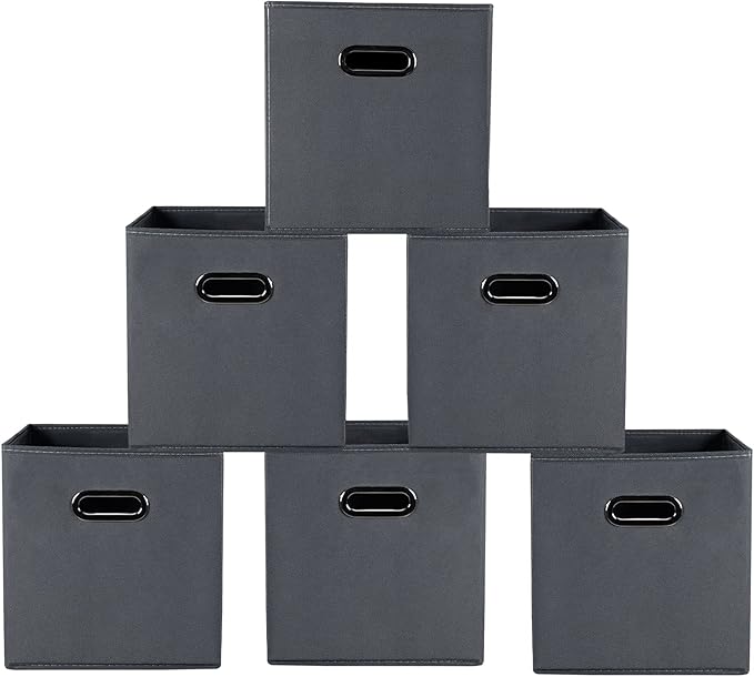 Yunkeeeper storage bins Cubes, Fabric Cube Organizer with Handle, Foldable Cube Bins for Cloth or Accessary Storage, 11x11x11, Set of 6, (Gray)