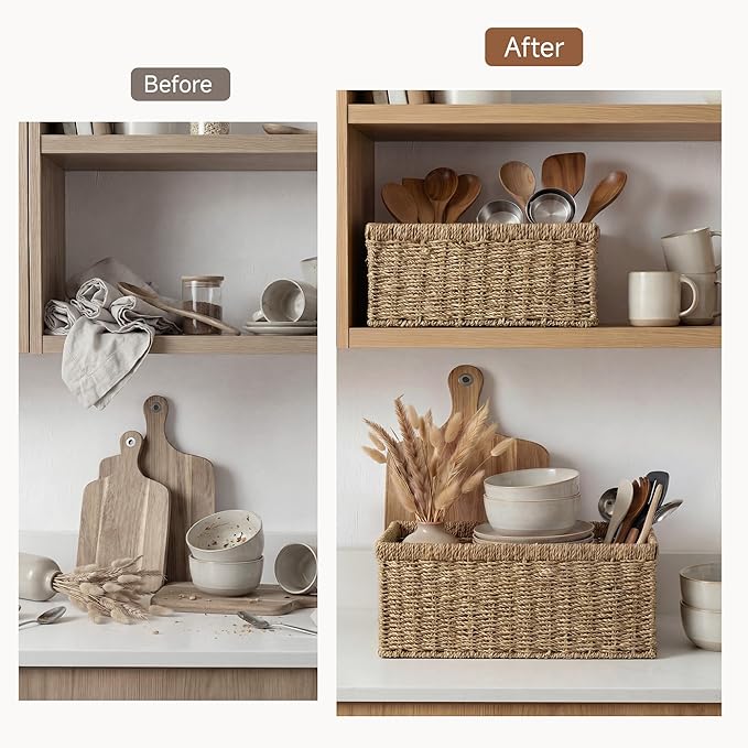 StorageWorks Wicker Storage Baskets, Handwoven Seagrass Basket for Organizing, Decorative Organizers with Built-in Handles, Set of 2