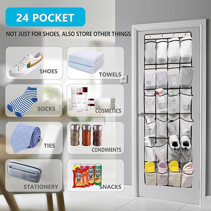 Over The Door Shoe Organizers with 24 Mesh Pockets Shoe Organizer Storage, White