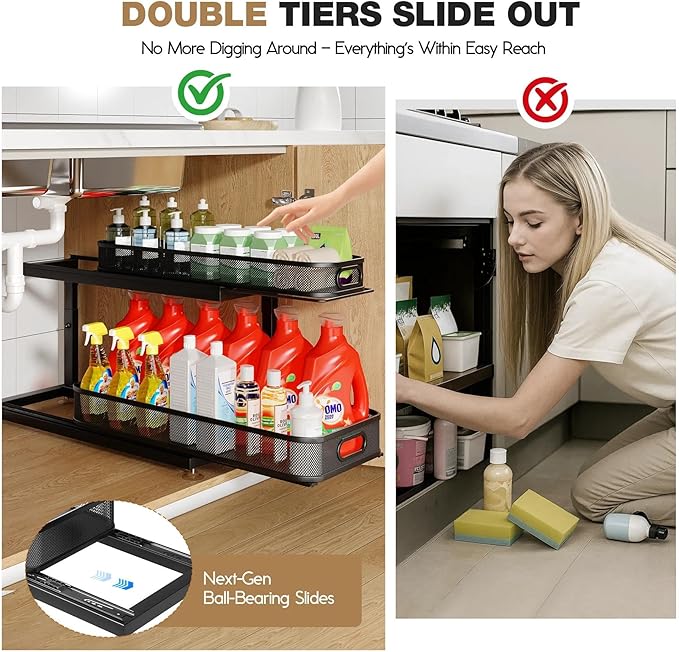 2-Pack 21.3 IN Depth Under Sink Organizer With Next-Gen Ball-Bearing Slides,Sophisticated Mesh 2-Tier Pull Out Shelf for Kitchen & Bathroom,Fits Small Items-Gun Gray