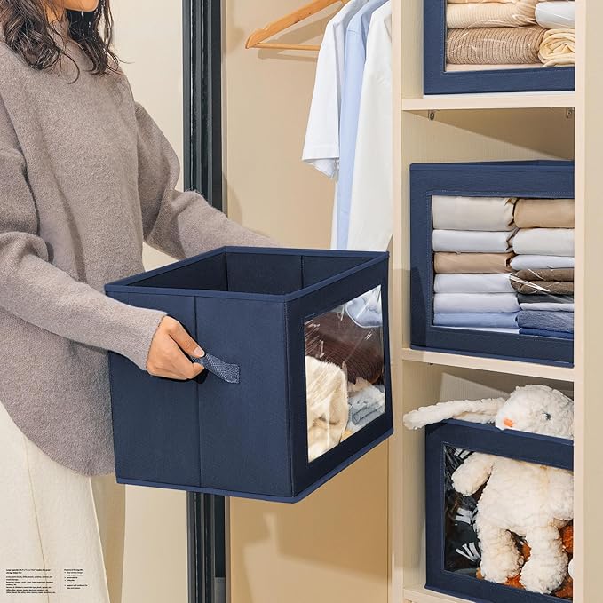 Stackable Storage Bins with Lids, Large Decorative Basket with Lids, Navy Blue