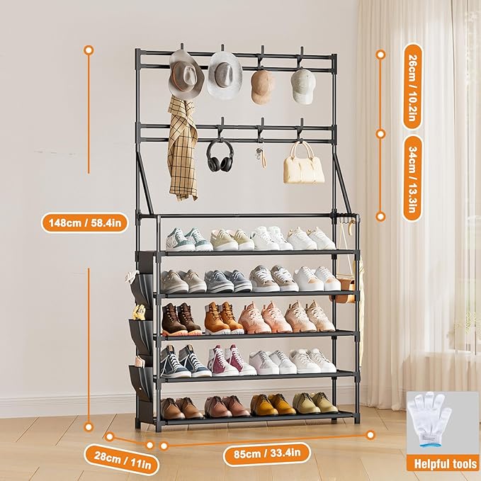 OYREL Shoe Rack 5 Tier Shoe Racks Organizer 20-25 Pairs Shoes Rack for Closet Entrance Shoe Storage Organizer with Hooks and Side Pocket Entryway Shoe Holder Space Saving Free Standing Shoe Racks