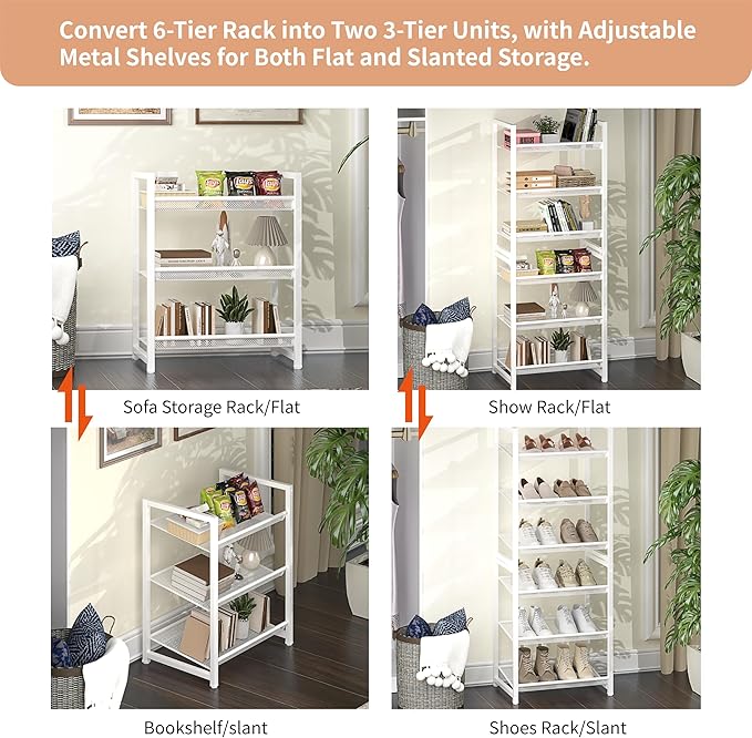 Stackable Shoe Rack, 6 Tier Metal Shoe Storage for 12-15 Pairs, Vertical Shoe Shelf for Small Space Front Door Entrance Closet Garage, White