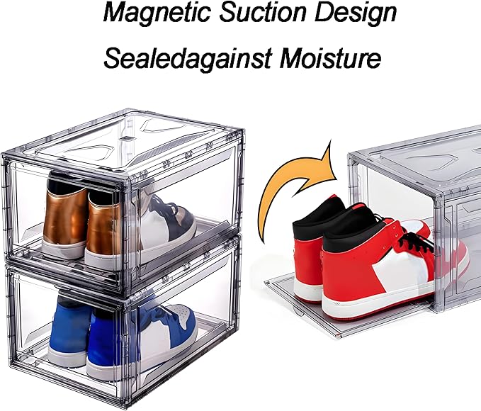 12 Pack Acrylic Clear Shoe Boxes– Ultra Clear Plastic Stackable Sneaker Storage For Sneakerhead. Professional Grade Shoe Display Case with Magnetic Door .Boots and Hat Organizer.Fits US Size 15