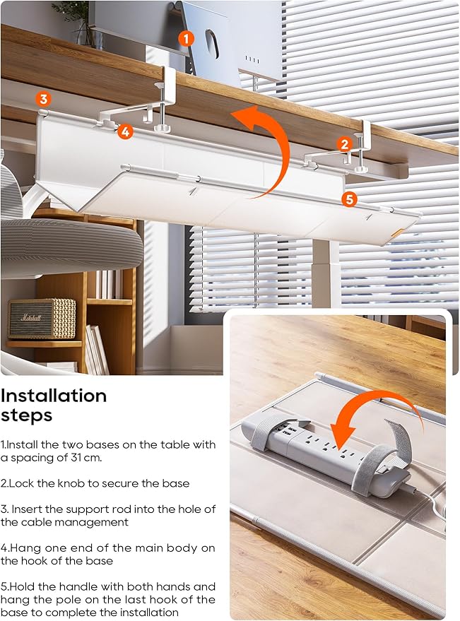 Under Desk Cable Management Tray No Drill, Cable Ties Included, Eco-Friendly Canvas Material, Mesh Design for Heat Dissipation, Cable Organizer/Storage for Standing Desk(39inch, White)