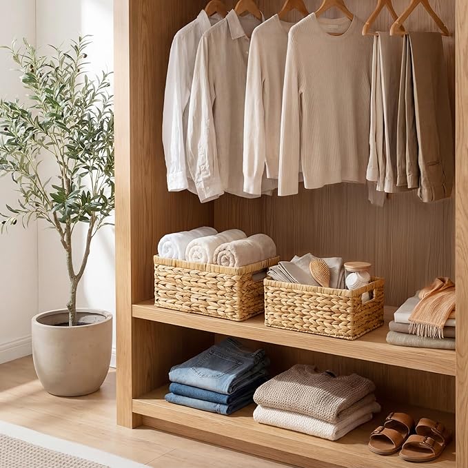 Wicker Storage Baskets, Handwoven Water Hyacinth Basket for Organizing