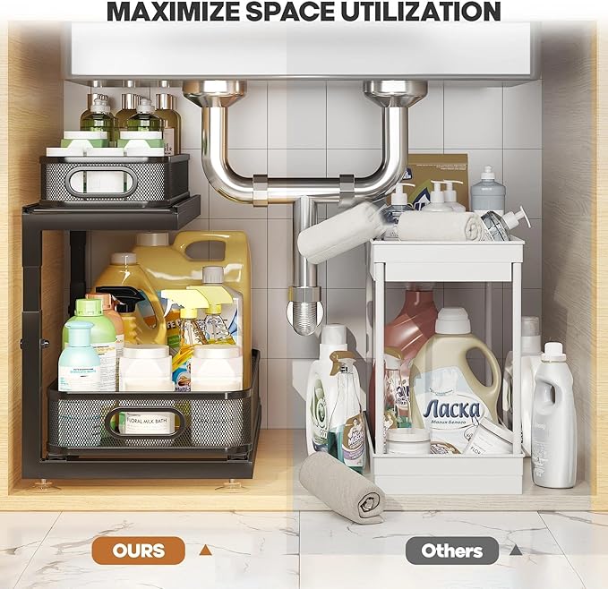 2-Pack 18.5 IN Depth Under Sink Organizer With Next-Gen Ball-Bearing Slides,Sophisticated Mesh 2-Tier Pull Out Shelf for Kitchen & Bathroom,Fits Small Items-Gun Gray