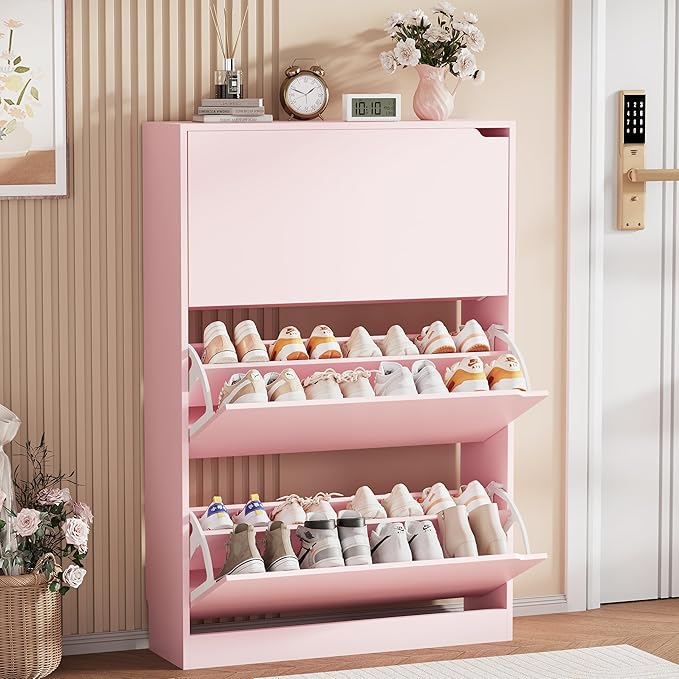Shoe Storage Cabinet, Wood Shoe Organizer for Entryway with 3 Flip Drawers, Freestanding Shoe Rack with Adjustable Shelf, Narrow Shoe Dresser for Front Door Entrance(Pink, 47.2" x 31.5" x 9.25")
