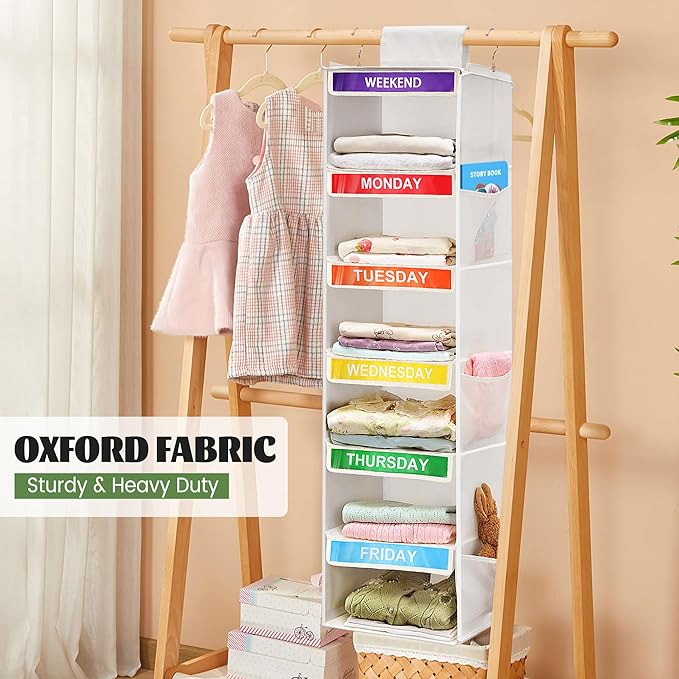 6-Shelf Weekly Clothes Organizer for Kids, Hanging Daily Closet Organization with 6 Side Pockets, Days of The Week Clothing Divider Storage for Boys and Girls (White)