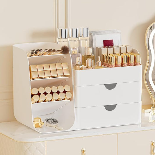 Makeup Organizer with 2 M Drawers & Brush Holders, All White, M