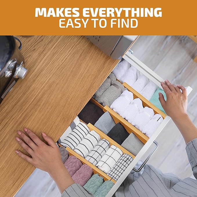 4-Pack Bamboo Drawer Dividers - 2.6 in High, Adjustable 16 to 22 in Expandable Drawer Organizers and Dresser Separators for Clothes, Bedroom, Bathroom, Kitchen, and Office Organization and Storage