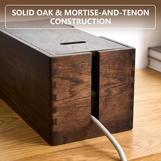Oak Wood Cable Management Box - Large Cord Hider & Organizer with Magnetic Lid for Desk & Floor Cables in Home Office, Living Room, Bedroom (Walnut)