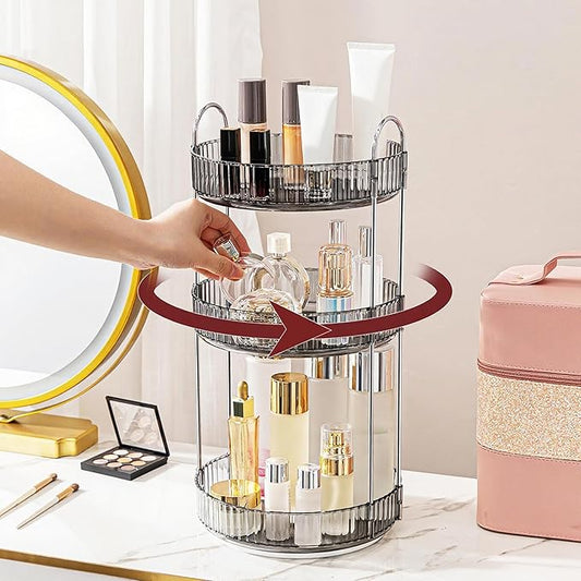 360° Rotating Makeup Organizer, 3 Tiers, Gray