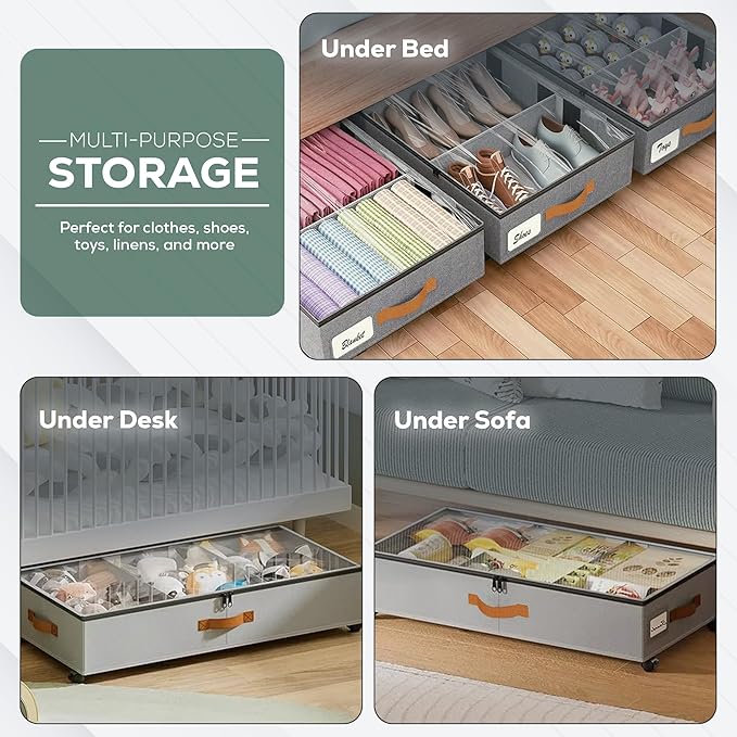 Under Bed Storage with Wheels, 2 Pack (36L Each)| Low Profile Storage Organizer with Clear Window, Double Zipper & 360° Locking Wheels – Rolling Metal Drawer for Clothes, Shoes, & More (Gray)