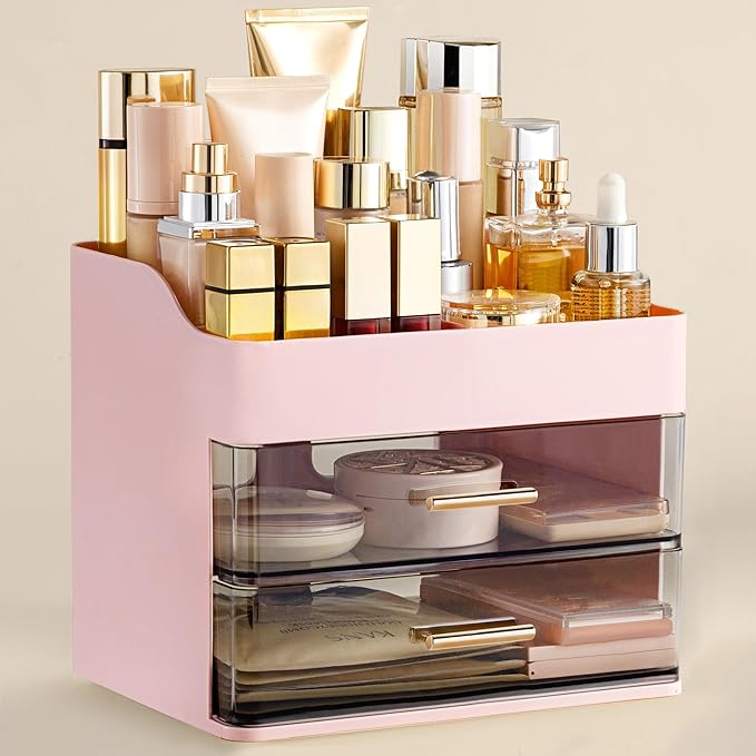 Makeup Organizer for Vanity with 2 Drawers, Pink