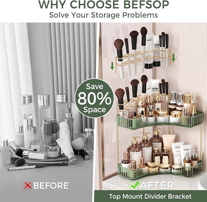 BEFSOP Corner Bathroom Counter Organizer, Upgraded 2-Tier Makeup Organizer Countertop with Makeup Brush Holder, Skincare Exquisite Vanity Organizers Countertop Bathroom Storage Dresser(Green)