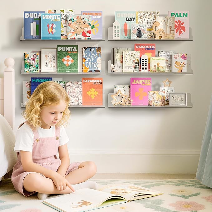 6 Pack Acrylic Shelves for Wall Storage, 15" x 4“ Floating Bookshelves for Kids