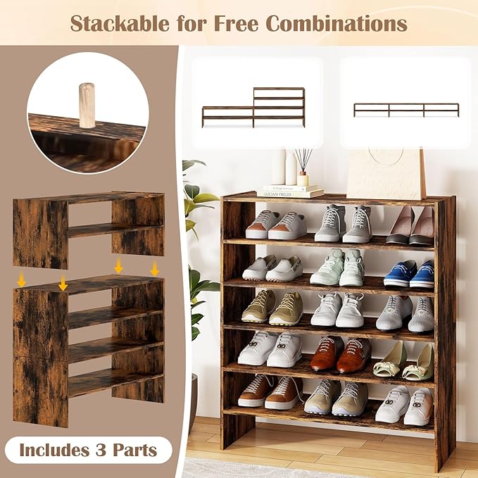 Tangkula 6-Tier Stackble Vertical Shoe Rack, Space Saving Wooden Corner Shoe Storage Shelf for 18 Pairs, 3-in-1 Adjustable White Shoe Organizer for Front Door Entryway