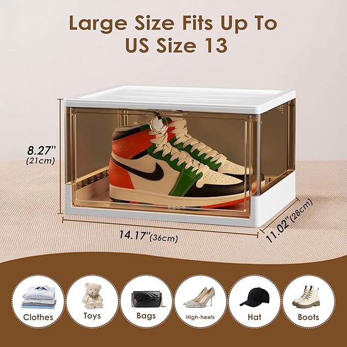 Clear Stackable Shoe Boxes with Magnetic Door, 3 Pack Thick Plastic Shoe Organizer for Closet, Dustproof Storage, Fits up to US Size 13
